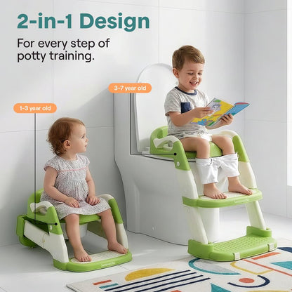 Serenelife Toddler Potty Seat With Ladder – Lightweight Portable 2-In-1 Toilet Trainer With Adjustable Step Ladder Removable Bowl Splash Guard Reward Chart And Toilet Cover – Comfortable And Safe For Easy Potty Training (Green)
