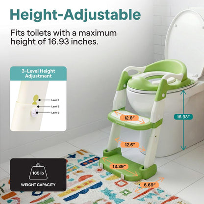 Serenelife Toddler Potty Seat With Ladder – Lightweight Portable 2-In-1 Toilet Trainer With Adjustable Step Ladder Removable Bowl Splash Guard Reward Chart And Toilet Cover – Comfortable And Safe For Easy Potty Training (Green)