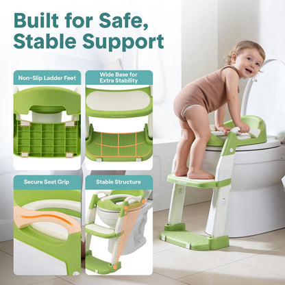 Serenelife Toddler Potty Seat With Ladder – Lightweight Portable 2-In-1 Toilet Trainer With Adjustable Step Ladder Removable Bowl Splash Guard Reward Chart And Toilet Cover – Comfortable And Safe For Easy Potty Training (Green)