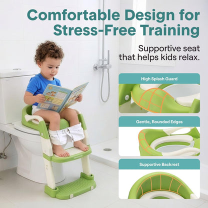 Serenelife Toddler Potty Seat With Ladder – Lightweight Portable 2-In-1 Toilet Trainer With Adjustable Step Ladder Removable Bowl Splash Guard Reward Chart And Toilet Cover – Comfortable And Safe For Easy Potty Training (Green)
