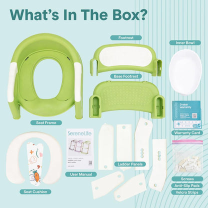 Serenelife Toddler Potty Seat With Ladder – Lightweight Portable 2-In-1 Toilet Trainer With Adjustable Step Ladder Removable Bowl Splash Guard Reward Chart And Toilet Cover – Comfortable And Safe For Easy Potty Training (Green)