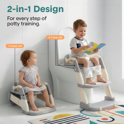 Serenelife Toddler Potty Seat With Ladder – Lightweight Portable 2-In-1 Toilet Trainer With Adjustable Step Ladder Removable Bowl Splash Guard Reward Chart And Toilet Cover – Comfortable And Safe For Easy Potty Training (Gray)