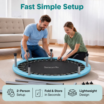 Two people assembling a SereneLife trampoline in a living room.