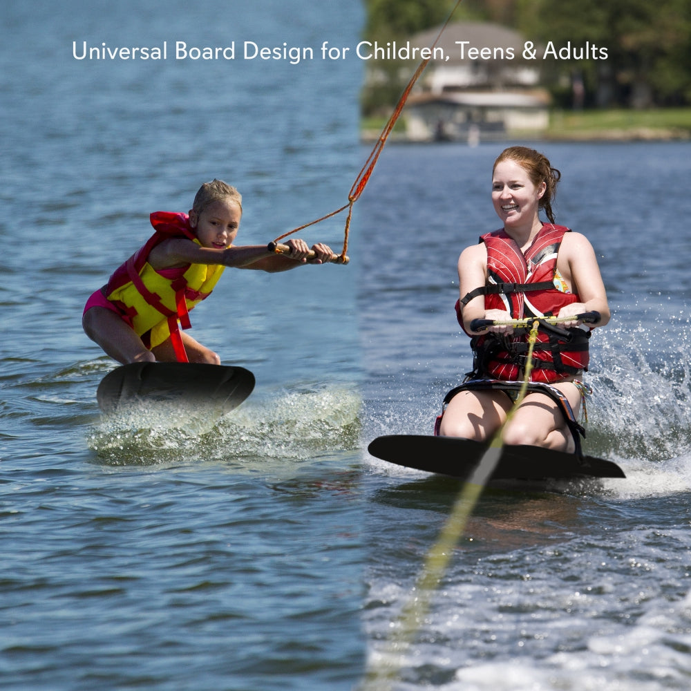 Two people water skiing on a lake with text about universal board design.