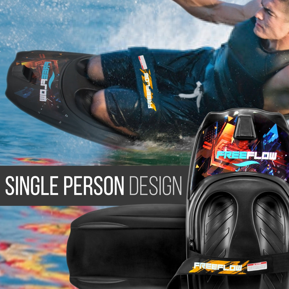 Person water skiing with a close-up of a single-person water ski design.