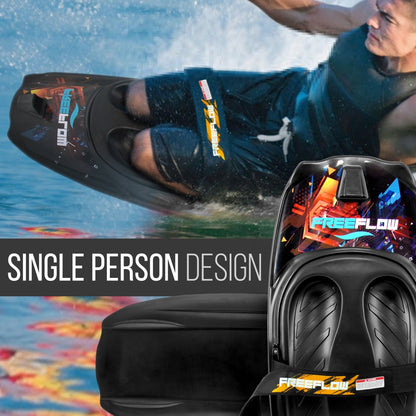 Person water skiing with a close-up of a single-person water ski design.