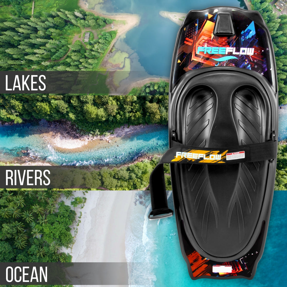 Personal watercraft with 'Free Flow' branding on a background of lakes, rivers, and ocean.