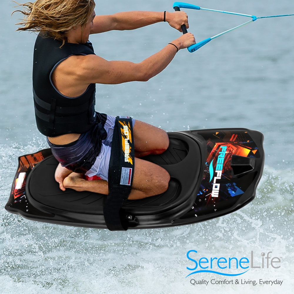 Person wakeboarding on a board with 'SereneLife' branding in the water.