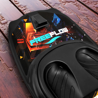 Black watercraft with 'FreeFlow' branding on a wooden surface