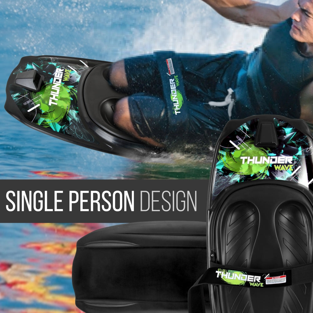 Person using a Thunder Wave single-person water board with a blue water background