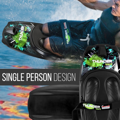 Person using a Thunder Wave single-person water board with a blue water background