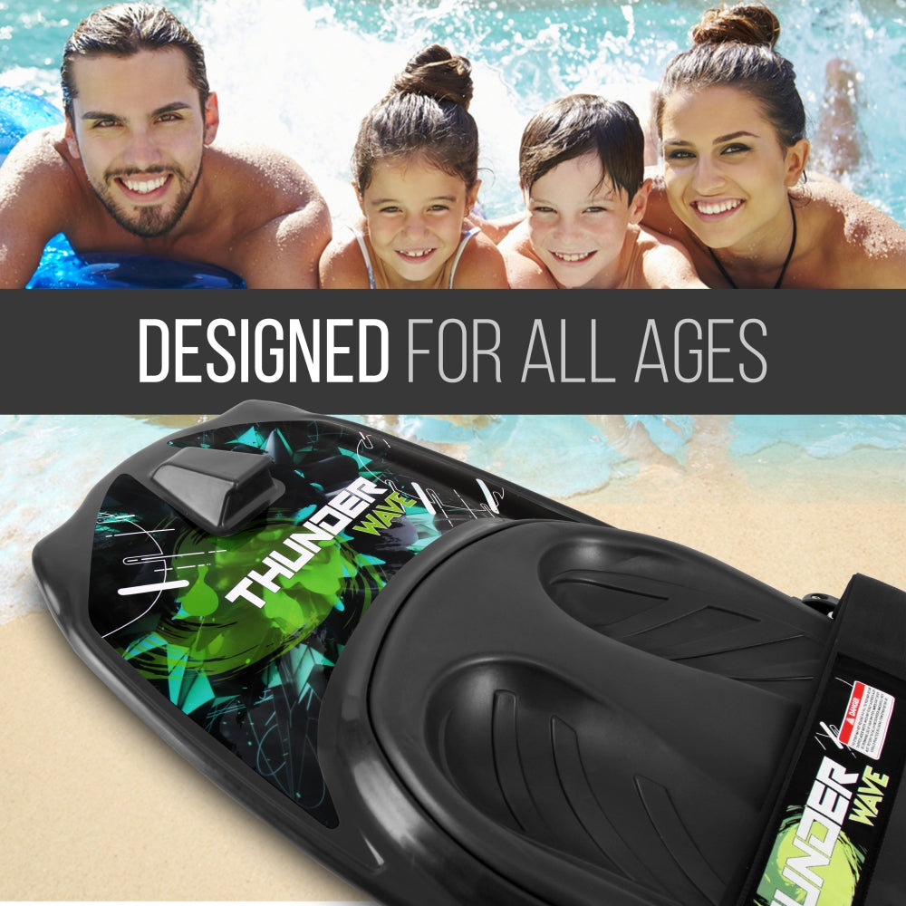 Black and green water board with 'Thunder' branding on a beach and pool background, featuring a family.