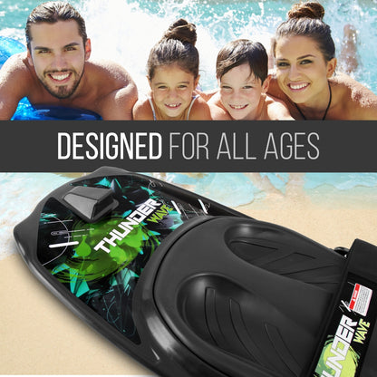 Black and green water board with 'Thunder' branding on a beach and pool background, featuring a family.