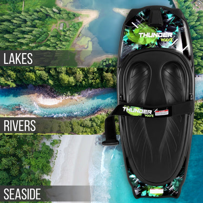 Black water scooter with 'Thunder Wave' branding on a scenic lakeside background.