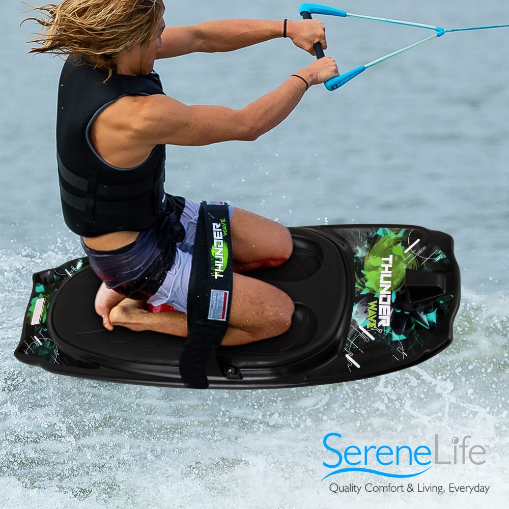 Person wakeboarding on a body of water with 'SereneLife' branding.