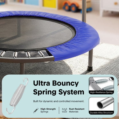 Round trampoline with a blue padded jumping mat and black mesh center, shown in a room setting with an informational overlay highlighting the ultra bouncy spring system.