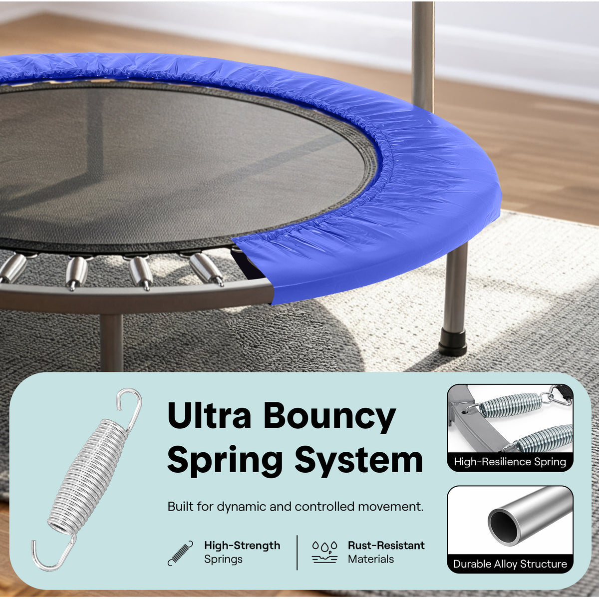 Trampoline with blue border on a wooden floor, featuring an infographic about the ultra bouncy spring system.