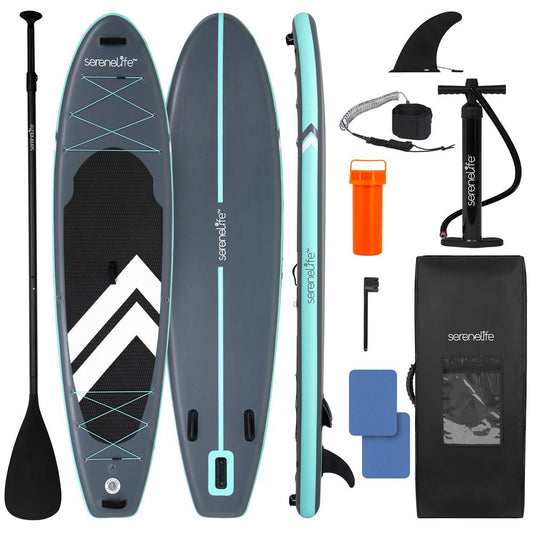 Serenelife inflatable paddle board set with accessories on a white background