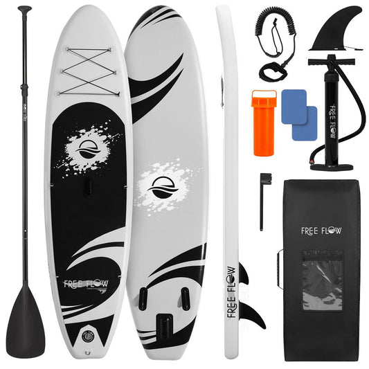 Inflatable paddle board set with accessories on a white background