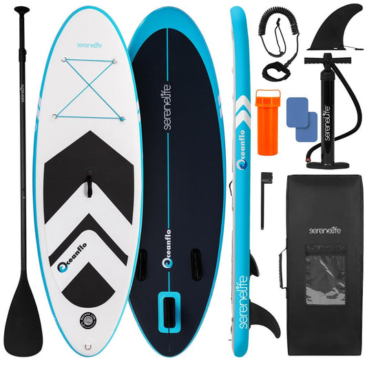 Serenelle inflatable paddle board set with accessories on a white background