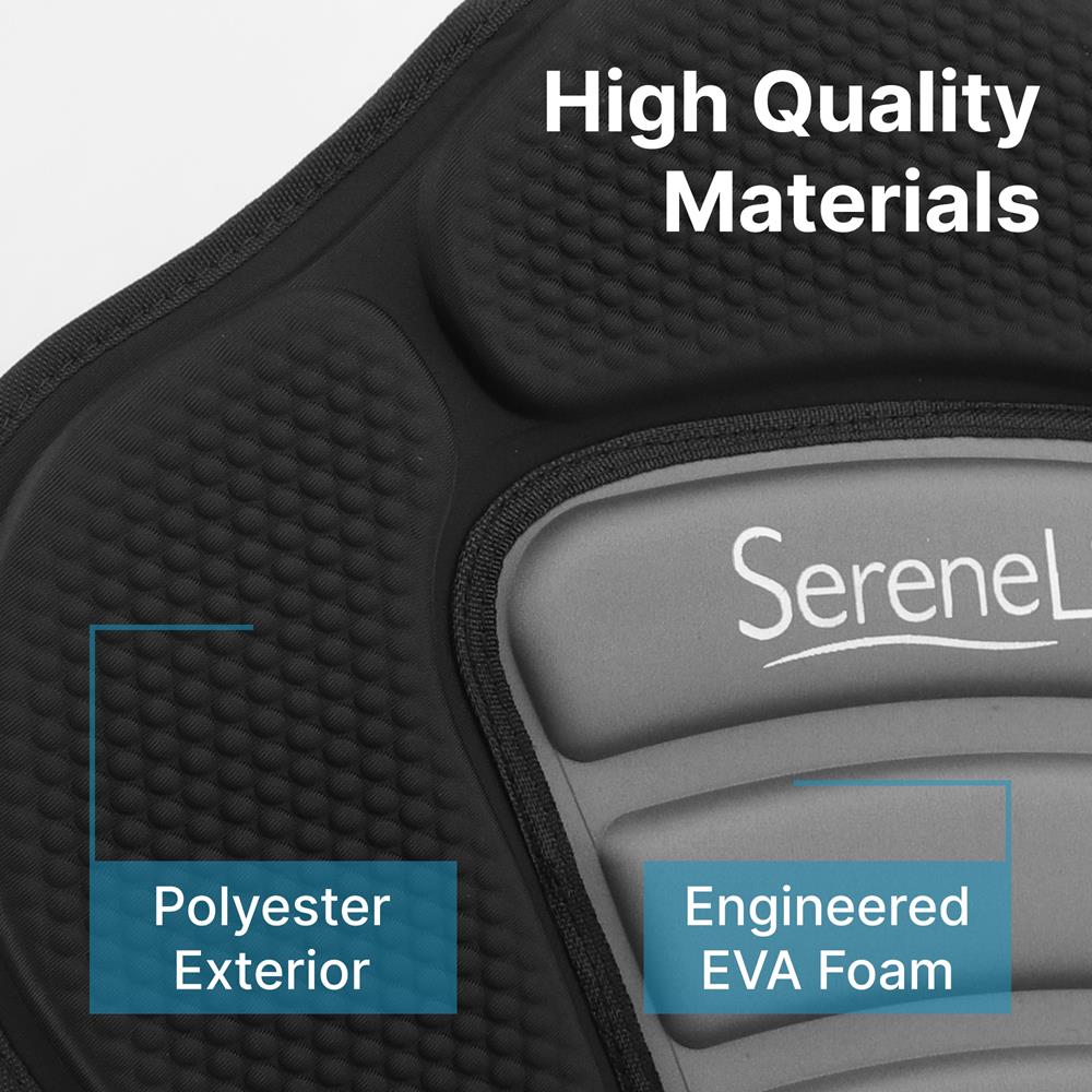 Car mat with 'SereneLife' branding, highlighting high-quality materials including polyester exterior and engineered EVA foam.