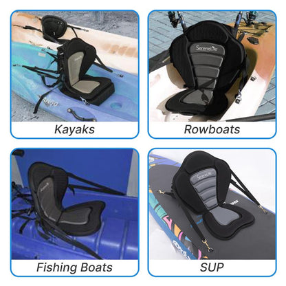 Seats for kayaks, rowboats, fishing boats, and SUPs on different watercraft.