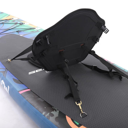 Black seat on a colorful stand-up paddleboard