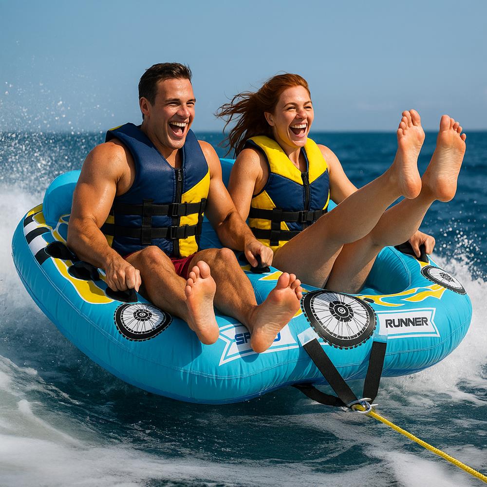Two people on a blue inflatable tube in the ocean with a clear sky.