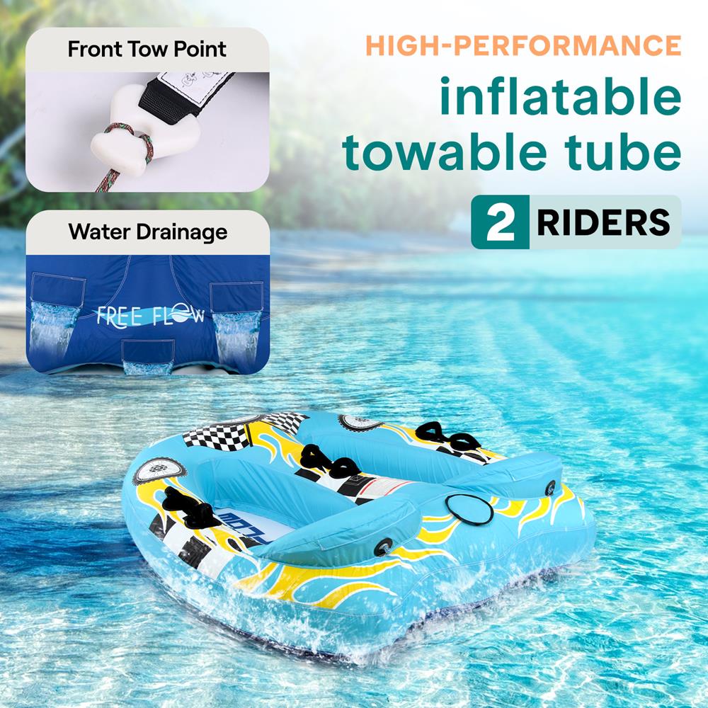 Inflatable towable tube for two riders with features highlighted on a pool background