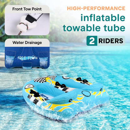Inflatable towable tube for two riders with features highlighted on a pool background