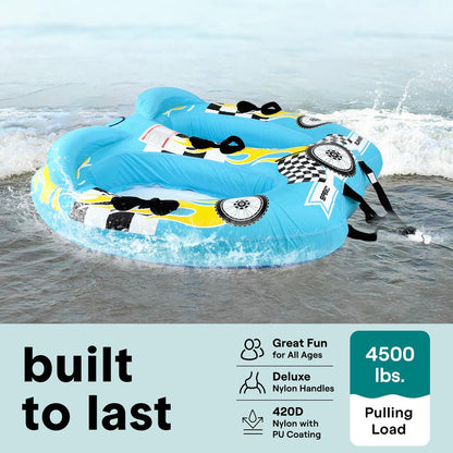 Inflatable boat with racing design on water, featuring text about durability and features.