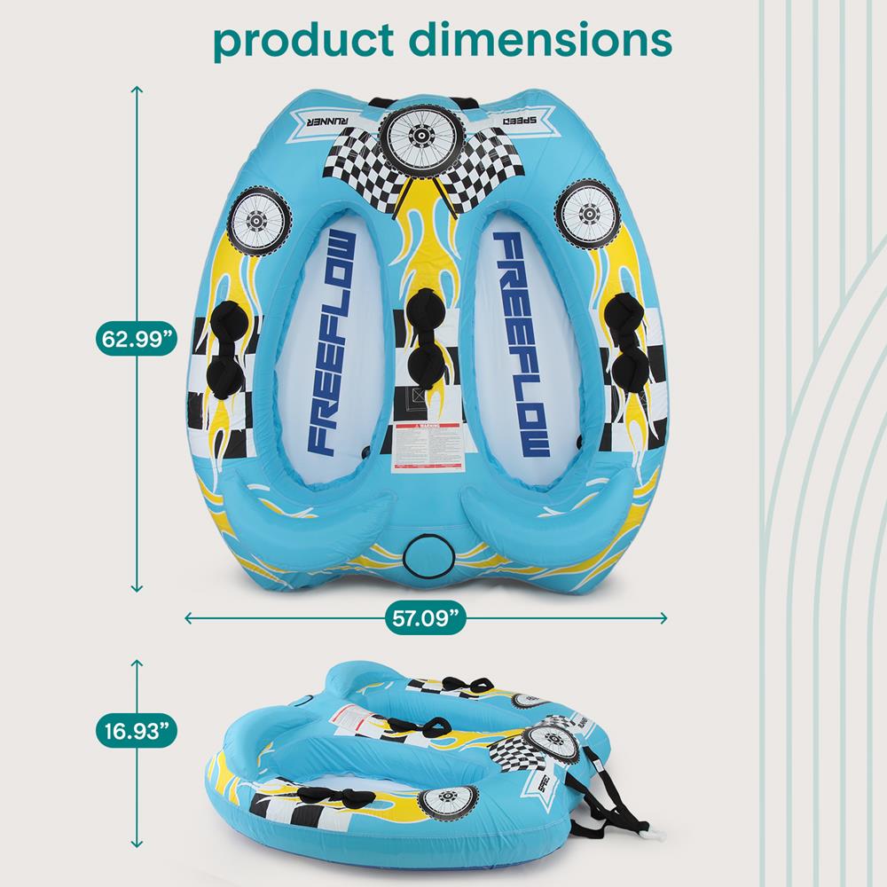 Inflatable tube with Freeflow branding and product dimensions displayed.