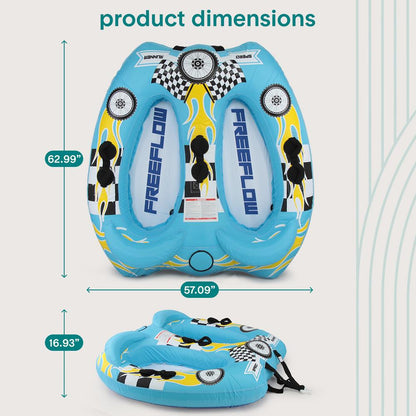 Inflatable tube with Freeflow branding and product dimensions displayed.