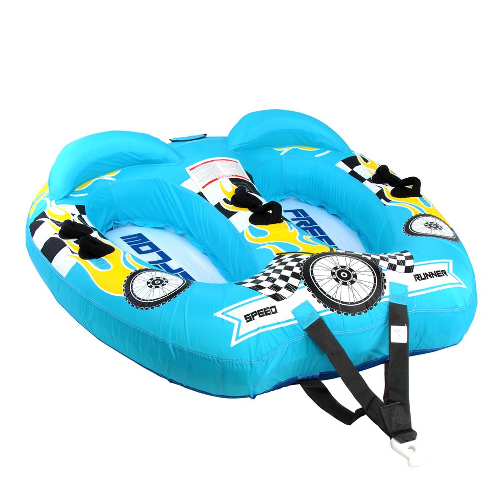Blue inflatable tube with racing design on a white background