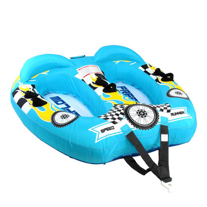 Blue inflatable tube with racing design on a white background