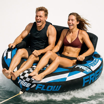 2 Person Inflatable Towable Tube for Boating with Backrest & Secure Grip Handles