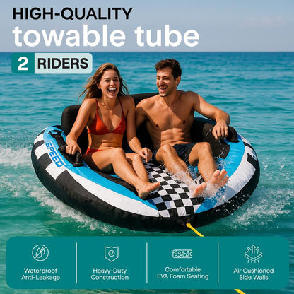 2 Person Inflatable Towable Tube for Boating with Backrest & Secure Grip Handles