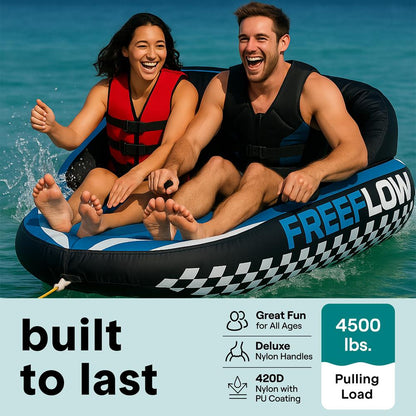 2 Person Inflatable Towable Tube for Boating with Backrest & Secure Grip Handles