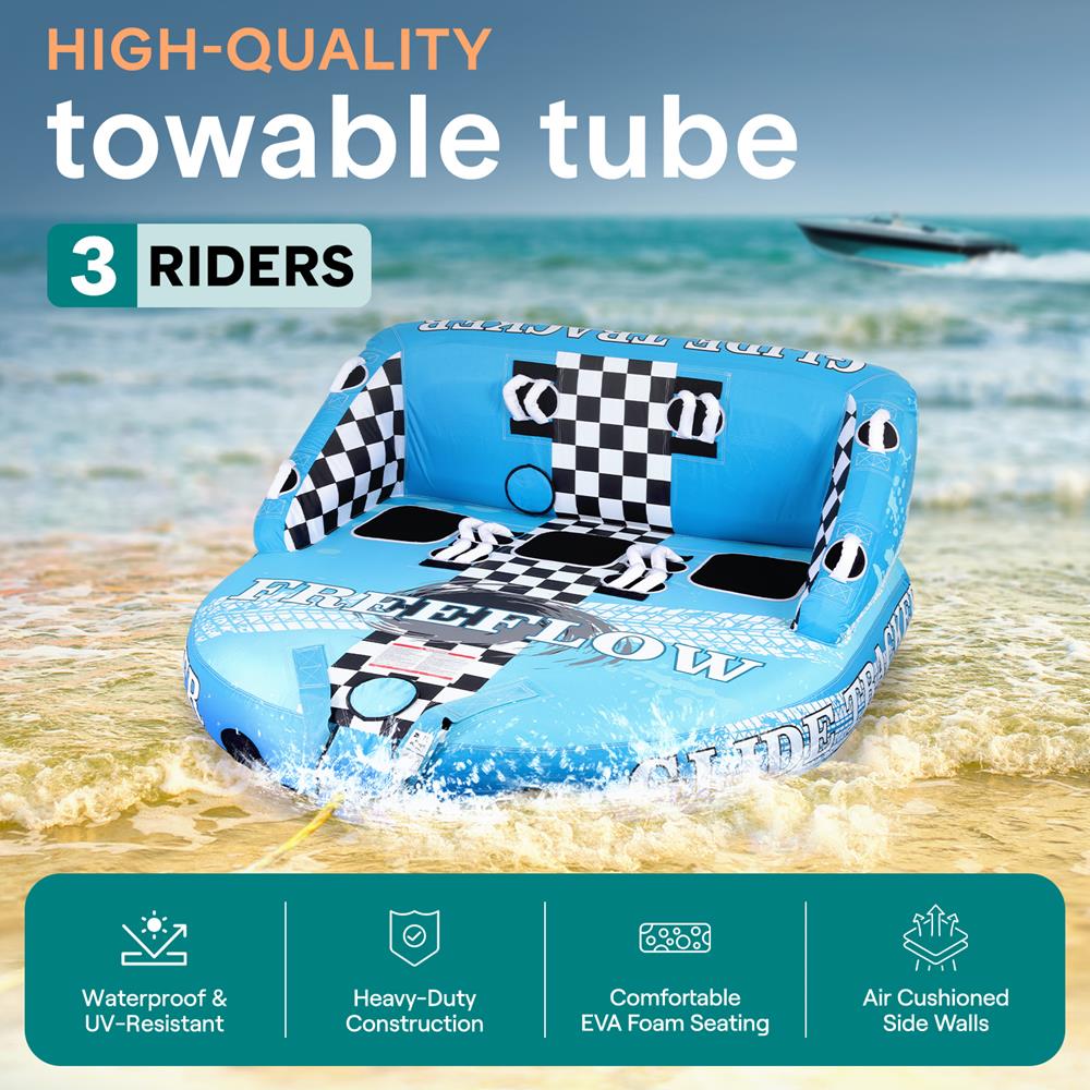 Inflatable towable tube with checkered pattern on a beach with ocean view