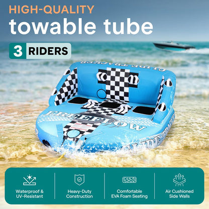 Inflatable towable tube with checkered pattern on a beach with ocean view
