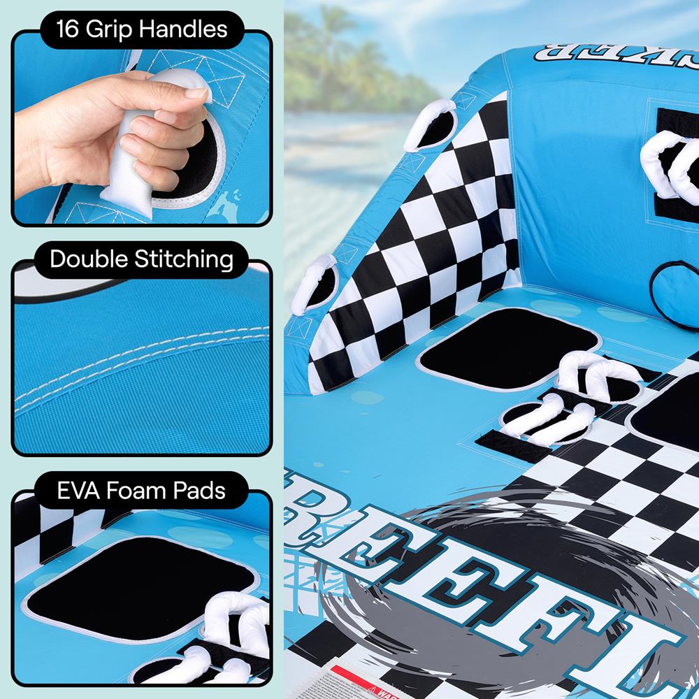 Blue inflatable boat with checkered pattern, grip handles, double stitching, and EVA foam pads highlighted.