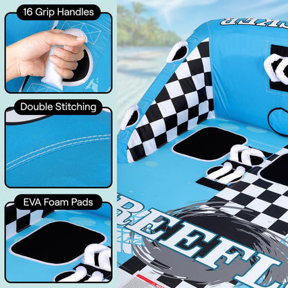 Blue inflatable boat with checkered pattern, grip handles, double stitching, and EVA foam pads highlighted.