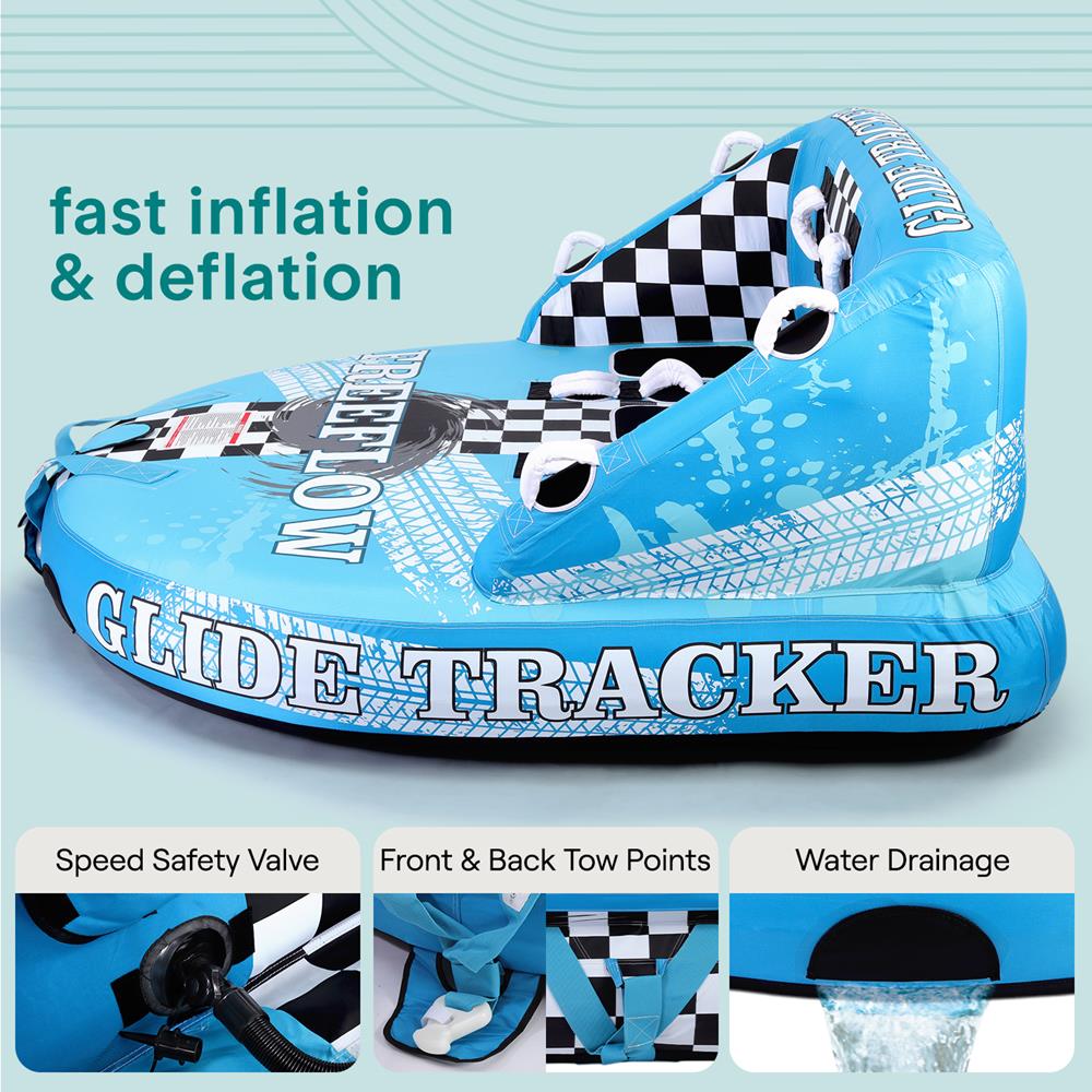 Inflatable water tube with checkered pattern and 'Glide Tracker' branding on a light blue background.