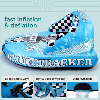 Inflatable water tube with checkered pattern and 'Glide Tracker' branding on a light blue background.