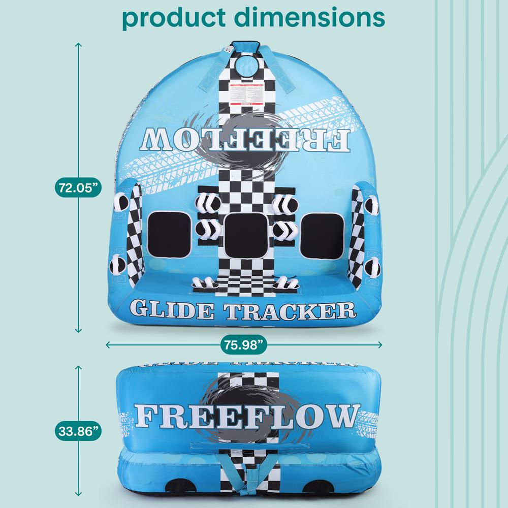Inflatable glide tracker with dimensions on a light blue background